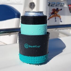 SquidCup Non-Tipping Portable Universal Cup, Can, and Bottle Holder for Boats, (Black/Teal 2 Pack) Includes Optional SquidDisk Mount for Textured Surfaces