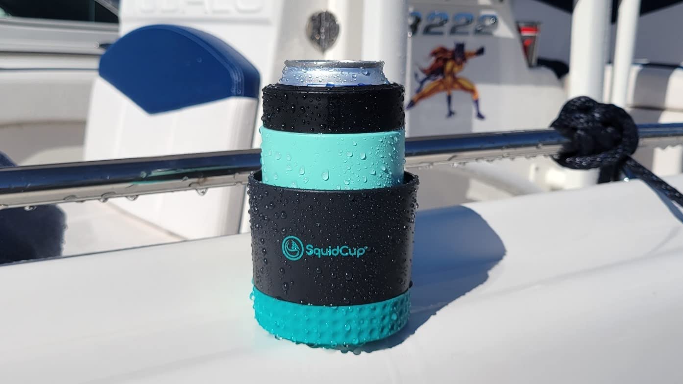 SquidCup Non-Tipping Portable Universal Cup, Can, and Bottle Holder for Boats, (Black/Teal 2 Pack) Includes Optional SquidDisk Mount for Textured Surfaces