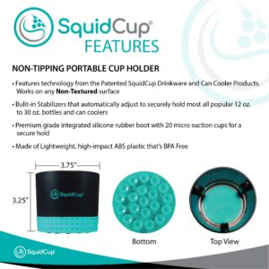 SquidCup Non-Tipping Portable Universal Cup, Can, and Bottle Holder for Boats, (Black/Teal 2 Pack) Includes Optional SquidDisk Mount for Textured Surfaces