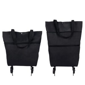 trolley folding shopping bag collapsible two-stage zipper folding shopping bags 2 in 1 foldable shopping portable cart with wheels lightweight storage bag for shopping fruits vegetables (black)