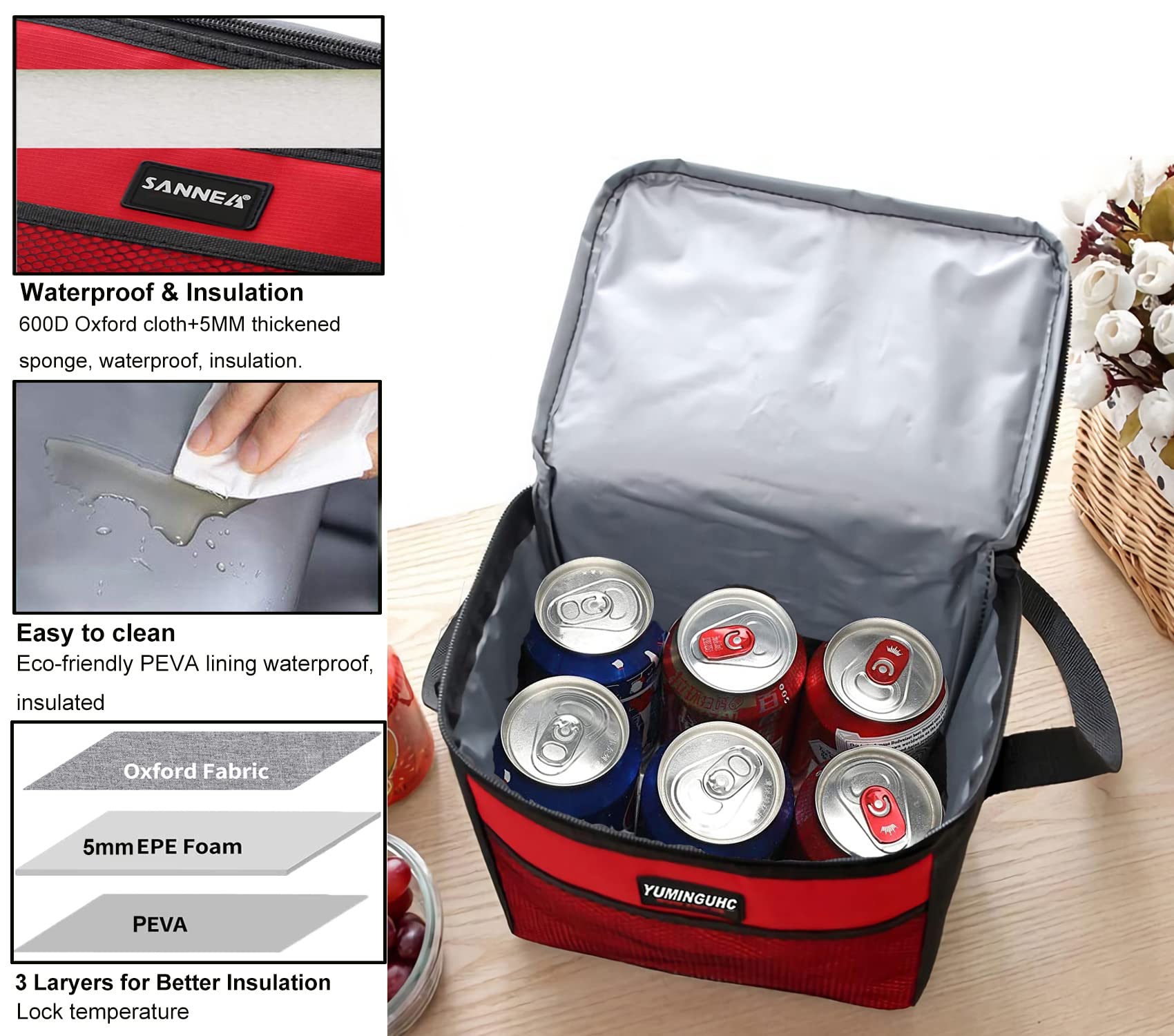 YUMINGUHC 6 Cans Lunch Bag for Women Men Insulated Lunch Box Adult Small Cooler Bag 5L Dual Compartment Reusable Thermal Tote Lunchpack for Office Work Day Trip (Grey)