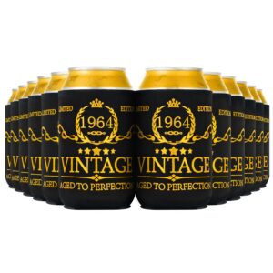 crisky vintage 1964 can coolers 60th birthday beer sleeve party favor 60th birthday decoarions black and gold, can insulated covers neoprene coolers for soda, beer, beverage, 12 pcs