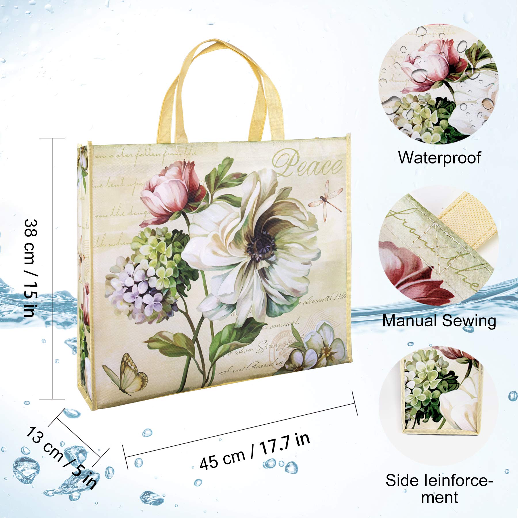 NymphFable 6 Pack Grocery Bags Reusable Butterfly Dragonfly Peony Shopping Bags Washable Foldable Tote Bag 50LBS