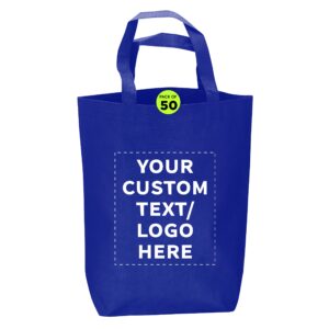 DISCOUNT PROMOS Custom Large Reusable Heavy Duty Tote Bag - 50 Pack - Personalized Logo, Text - Beach Shopping Bag - Reflex Blue