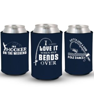 fisherman hooker bends over pole dance funny fishing can sleeve cooler insulated drink coozies soda beer hugger coolies (navy, 3 pk)