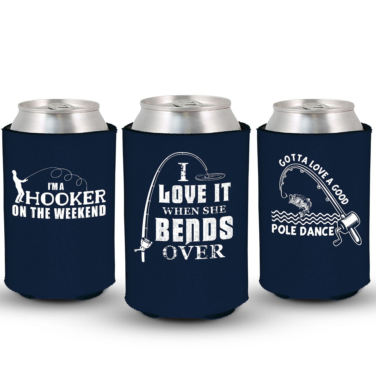 Fisherman Hooker Bends Over Pole Dance Funny Fishing Can Sleeve Cooler Insulated Drink Coozies Soda Beer Hugger Coolies (Navy, 3 Pk)