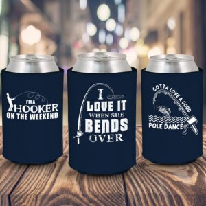 Fisherman Hooker Bends Over Pole Dance Funny Fishing Can Sleeve Cooler Insulated Drink Coozies Soda Beer Hugger Coolies (Navy, 3 Pk)