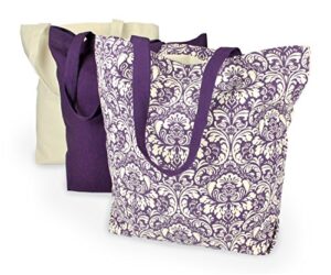 dii camz33546 100% cotton, machine washable heavy duty canvas reusable shopping tote bag, natural and eggplant damask, set of 3