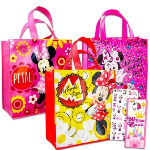 disney minnie mouse tote bags value bundle - 3 pc minnie reusable large tote minnie mouse grocery bags with minnie mouse stickers (minnie accessories)