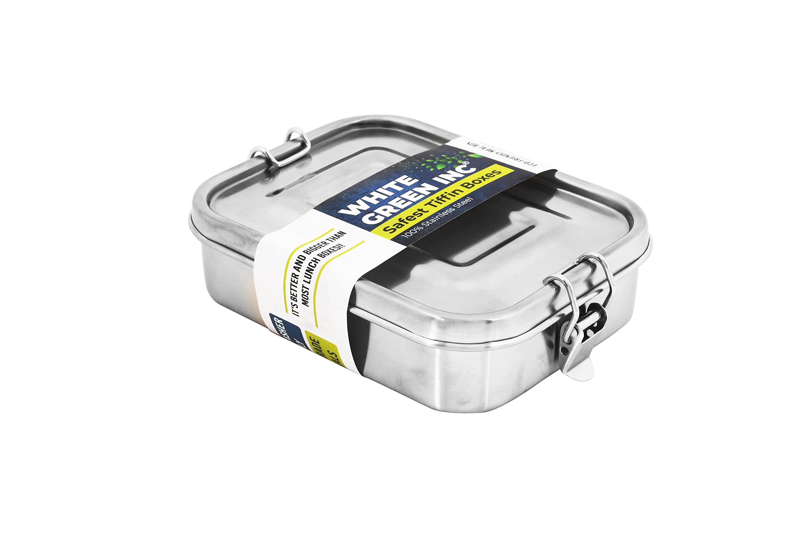 WG inc Small Stainless Steel Bento Box Sandwich Container, Salads or One Meal Tiffin | Open Design for Wraps | Hygienic, Easy to open secure clips, Durable ~ Dishwasher Safe and BPA-Free