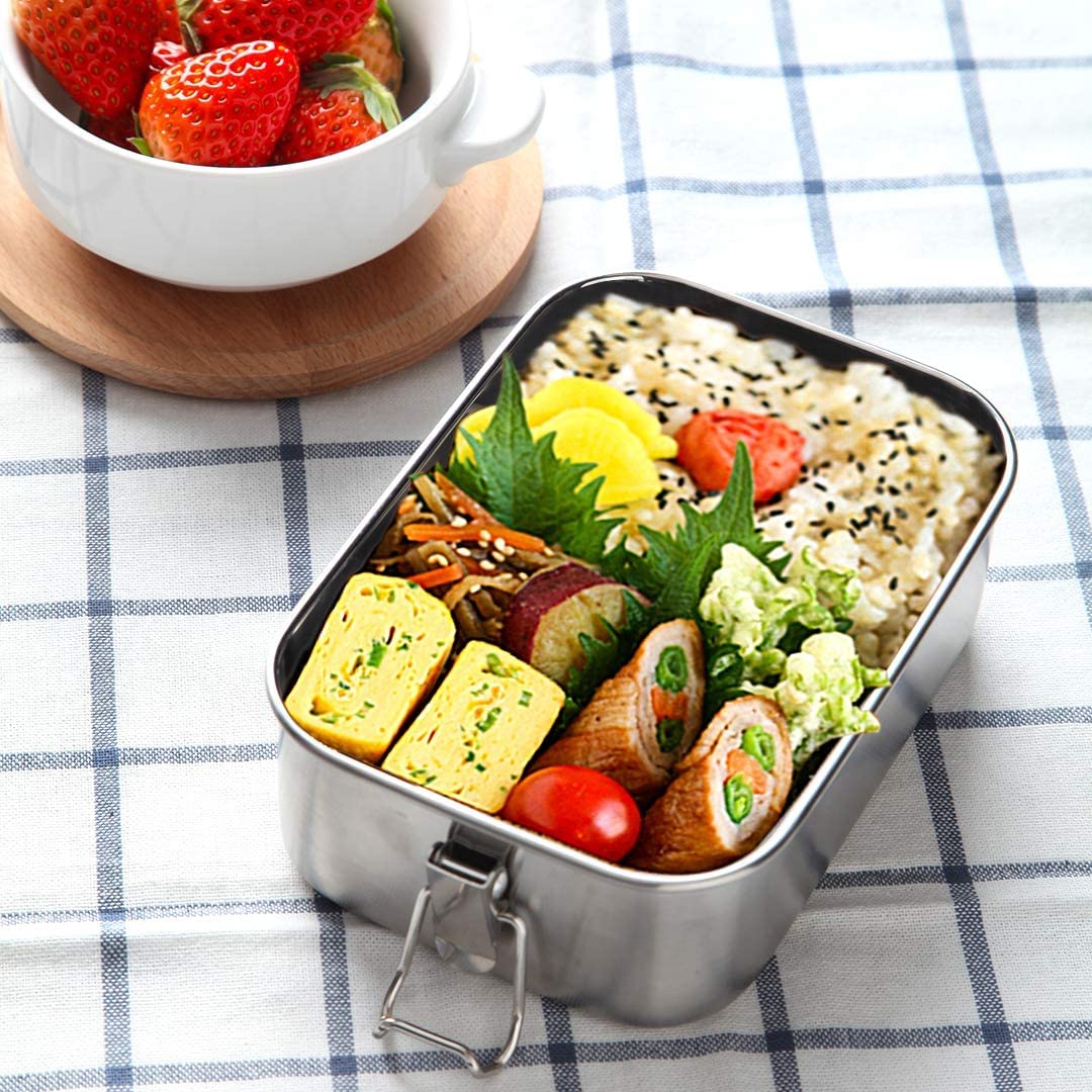 WG inc Small Stainless Steel Bento Box Sandwich Container, Salads or One Meal Tiffin | Open Design for Wraps | Hygienic, Easy to open secure clips, Durable ~ Dishwasher Safe and BPA-Free