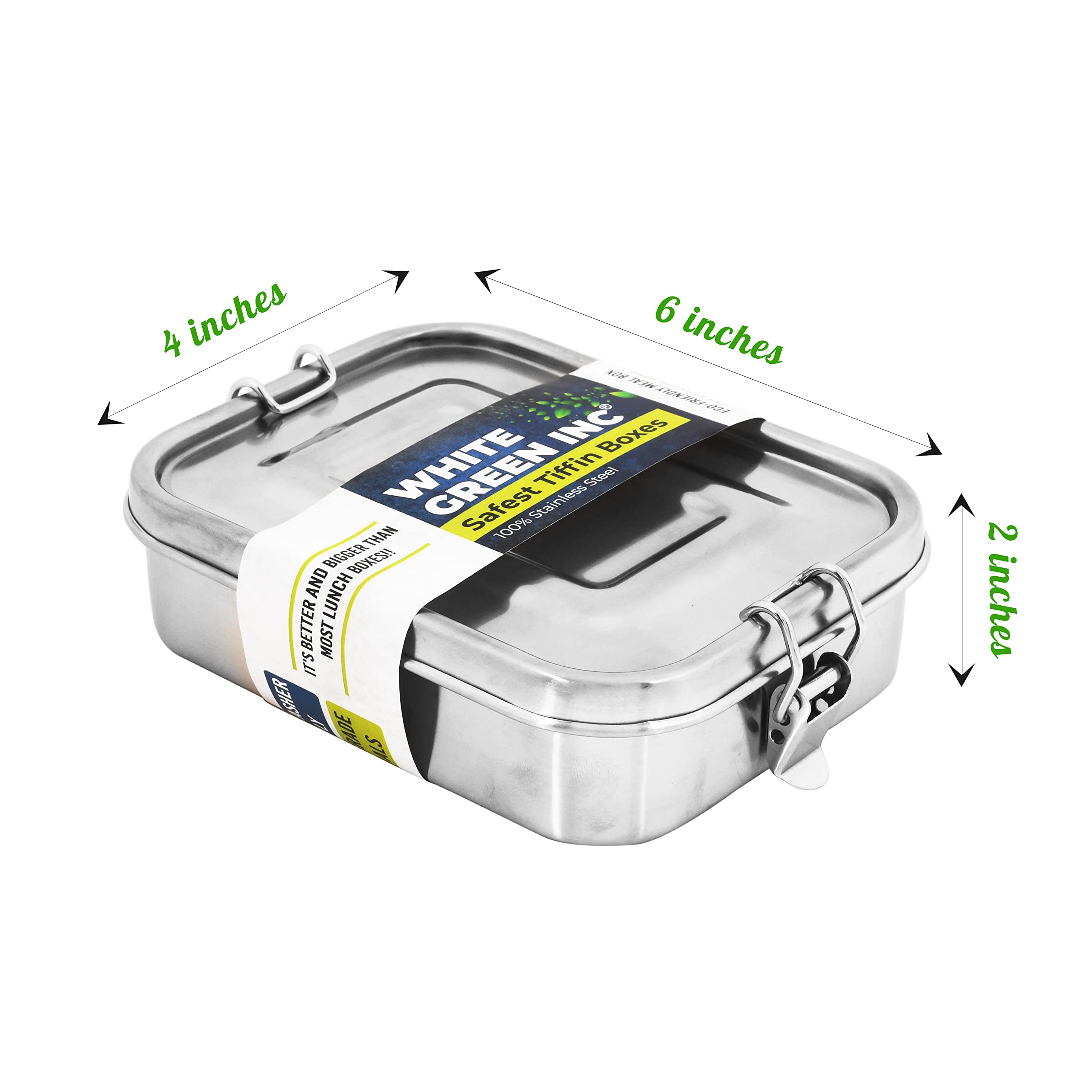 WG inc Small Stainless Steel Bento Box Sandwich Container, Salads or One Meal Tiffin | Open Design for Wraps | Hygienic, Easy to open secure clips, Durable ~ Dishwasher Safe and BPA-Free