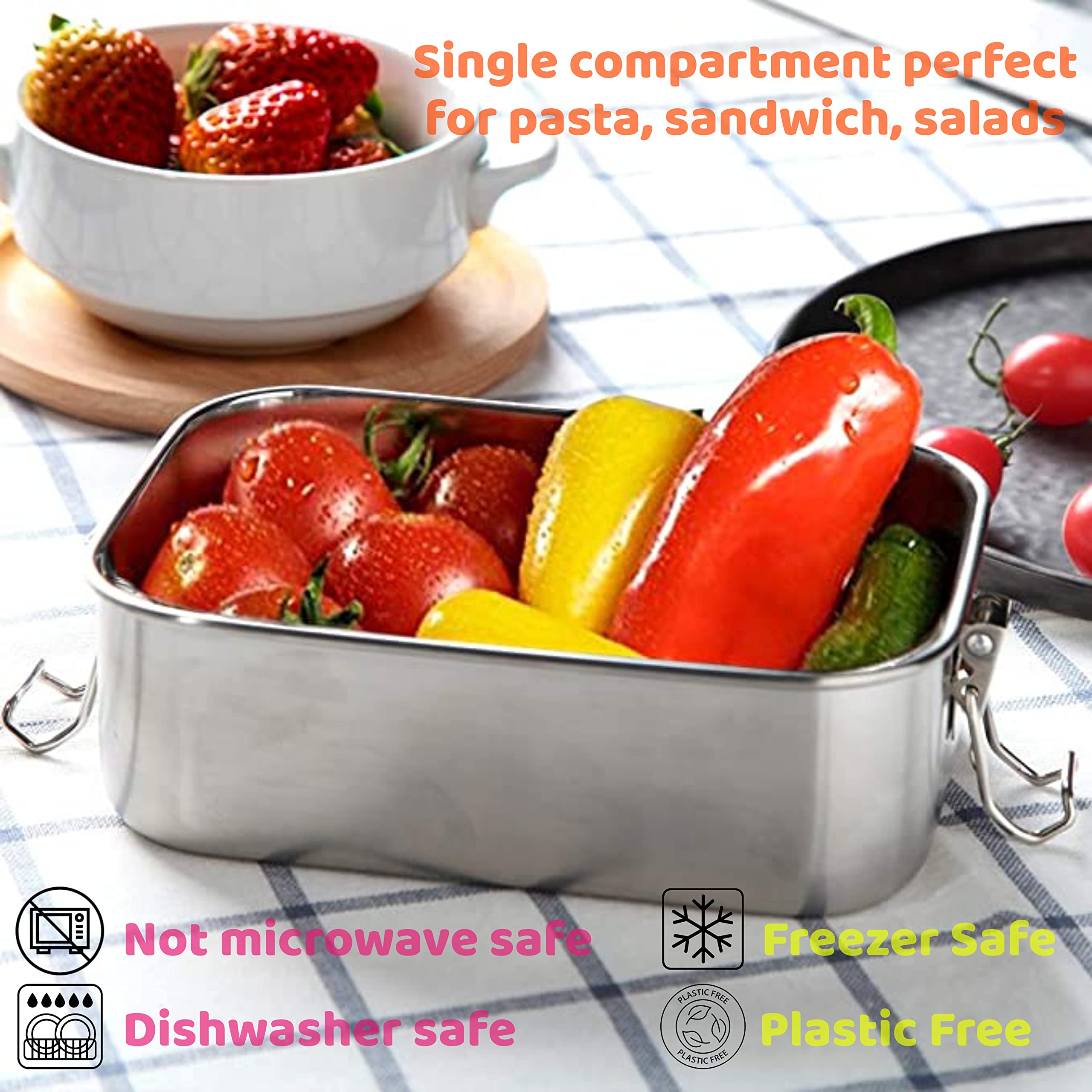 WG inc Small Stainless Steel Bento Box Sandwich Container, Salads or One Meal Tiffin | Open Design for Wraps | Hygienic, Easy to open secure clips, Durable ~ Dishwasher Safe and BPA-Free