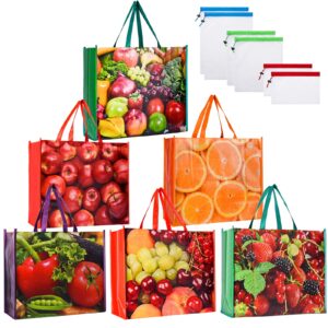 kitchen reusable grocery bags set of 6 heavy duty foldable shopping tote with 6 pcs mesh produce bags for groceries food strong durable extra large bulk fruit vegetable bag with handles easy to clean