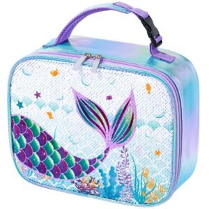 sequins mermaid lunch box- insulated bento lunch box for kids girls lunch bag school preschool picnic camping blue polyester lunch tote bag with handle and pocket waterproof reusable