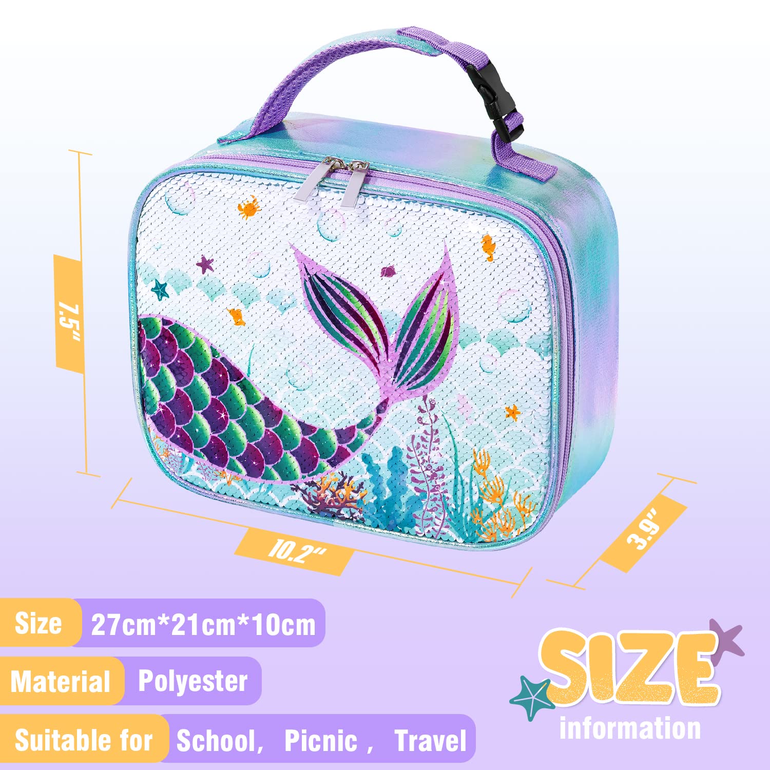 Sequins Mermaid Lunch Box- Insulated Bento Lunch Box for Kids Girls Lunch Bag School Preschool Picnic Camping Blue Polyester Lunch Tote Bag with Handle and Pocket Waterproof Reusable