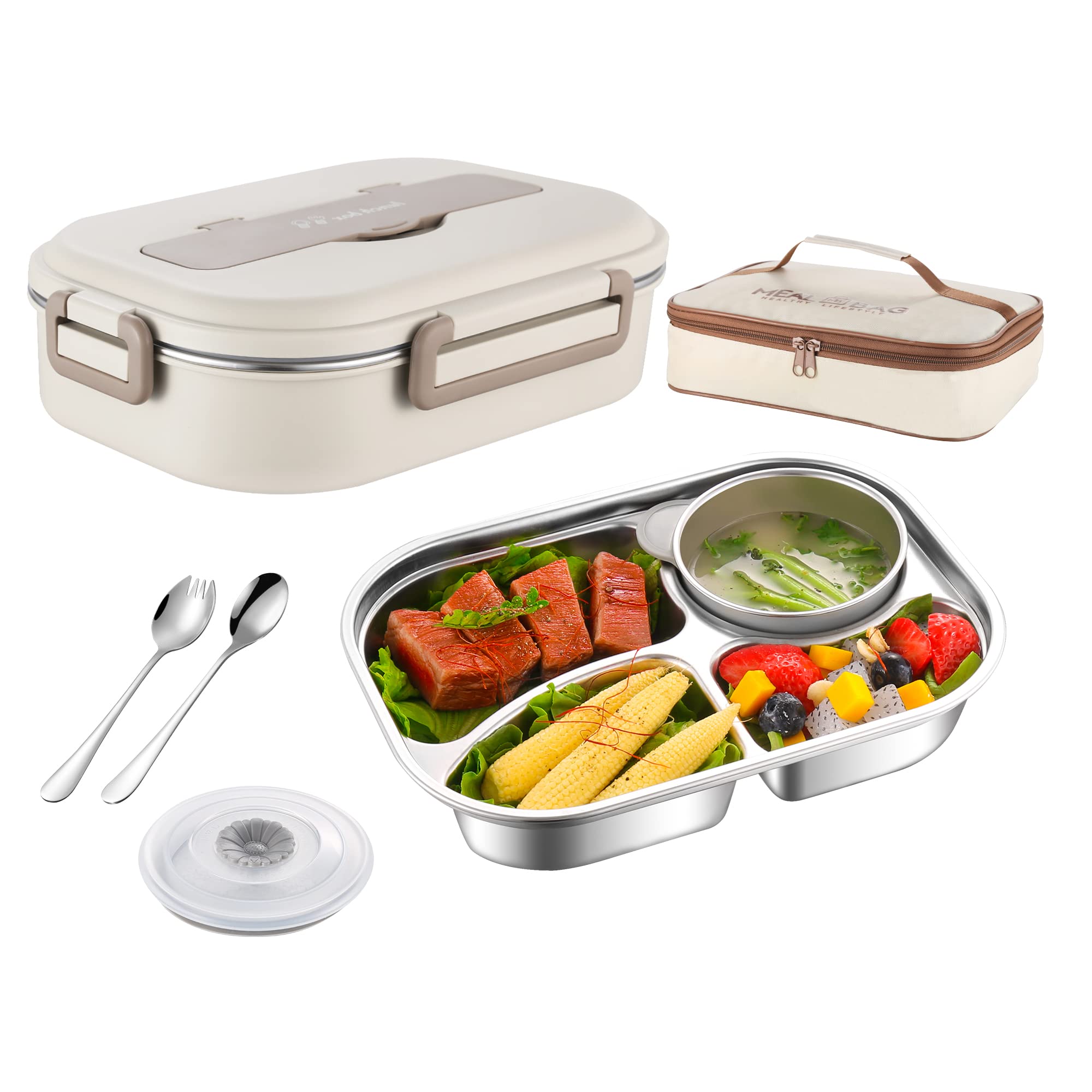 Bento Box,1500ml Stainless Steel Lunch Box,Versatile 4-Compartment Portable Lunch Box Container-Salad Lunch Containers for Adults/Kids with Soup Bowl Spoon Fork Thermos Bag Accessories (Creamy White)