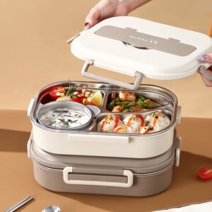 Bento Box,1500ml Stainless Steel Lunch Box,Versatile 4-Compartment Portable Lunch Box Container-Salad Lunch Containers for Adults/Kids with Soup Bowl Spoon Fork Thermos Bag Accessories (Creamy White)