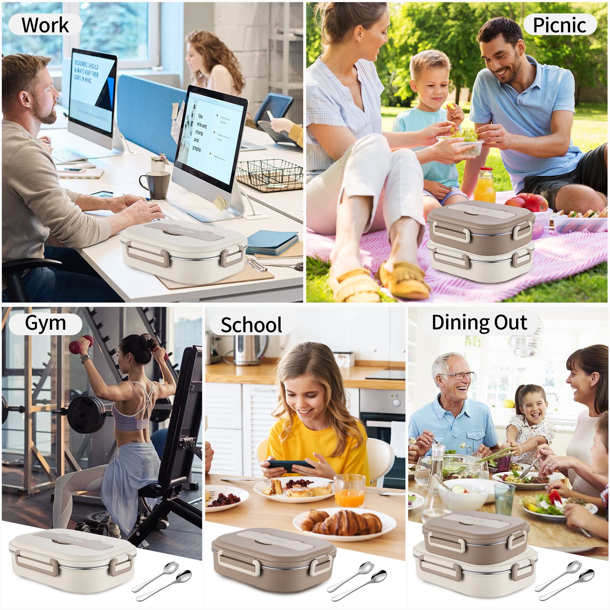 Bento Box,1500ml Stainless Steel Lunch Box,Versatile 4-Compartment Portable Lunch Box Container-Salad Lunch Containers for Adults/Kids with Soup Bowl Spoon Fork Thermos Bag Accessories (Creamy White)