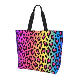 impcokru large tote bag for women reuseable handbag,neon rainbow colored leopard shoulder bag,double sided priting grocery bag foldable for shopping travel activity