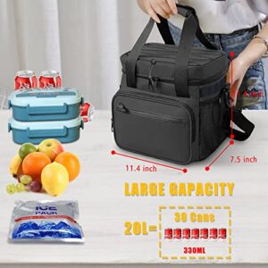 Cooler Bag for Women Men, 10mm Thick 30 Can (20L) Insulated Soft Lunch Bag Portable Cooling Tote Bag - Reusable Lunch Box for Office Work Picnic Beach Travel (Black)