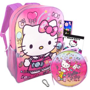 hello kitty backpack lunch box for girls, kids ~ 4 pc bundle with 16" pink hello kitty school bag, lunch bag, stickers, more (hello kitty school supplies stuff)