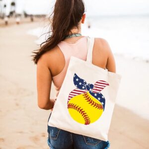 GXVUIS Softball Canvas Tote Bag for Women American Flag Bandana Reusable Travel Grocery Shoulder Shopping Bags Funny Gifts White