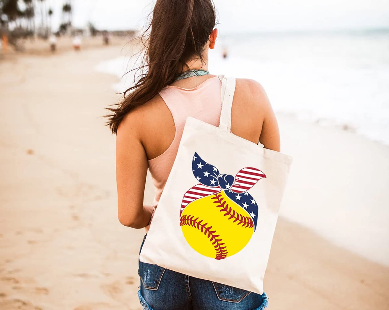GXVUIS Softball Canvas Tote Bag for Women American Flag Bandana Reusable Travel Grocery Shoulder Shopping Bags Funny Gifts White