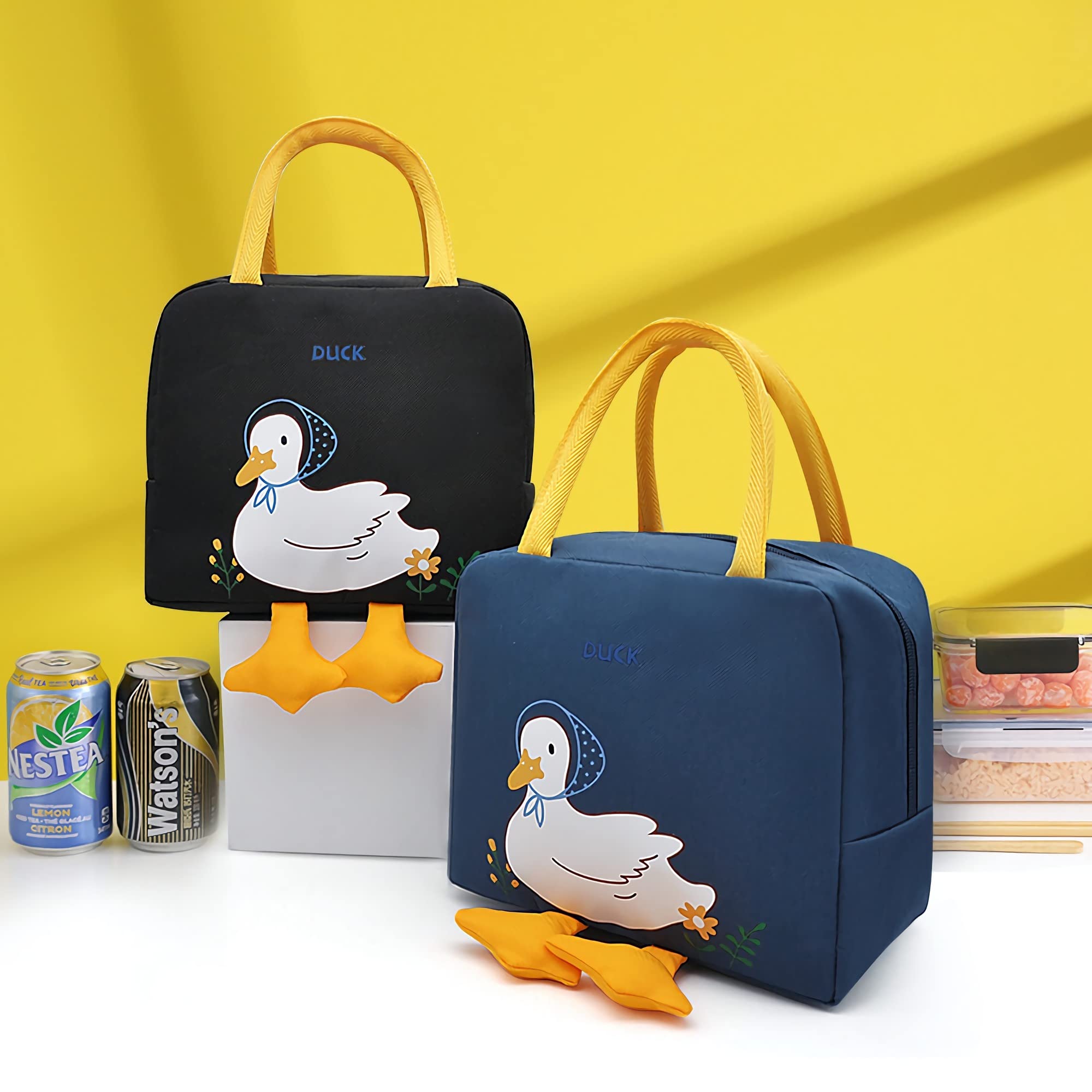 Black Cute Cartoon Duck Lunch Bags For Kids Reusable Insulated Lunch Box Female White Collar Nurse Student Office Worker Lunch Tote Bag