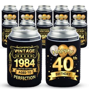 greatingreat 40th birthday can cooler sleeves pack of 12-40th anniversary decorations- vintage 1984-40th birthday party supplies - black and gold fortieth birthday cup coolers