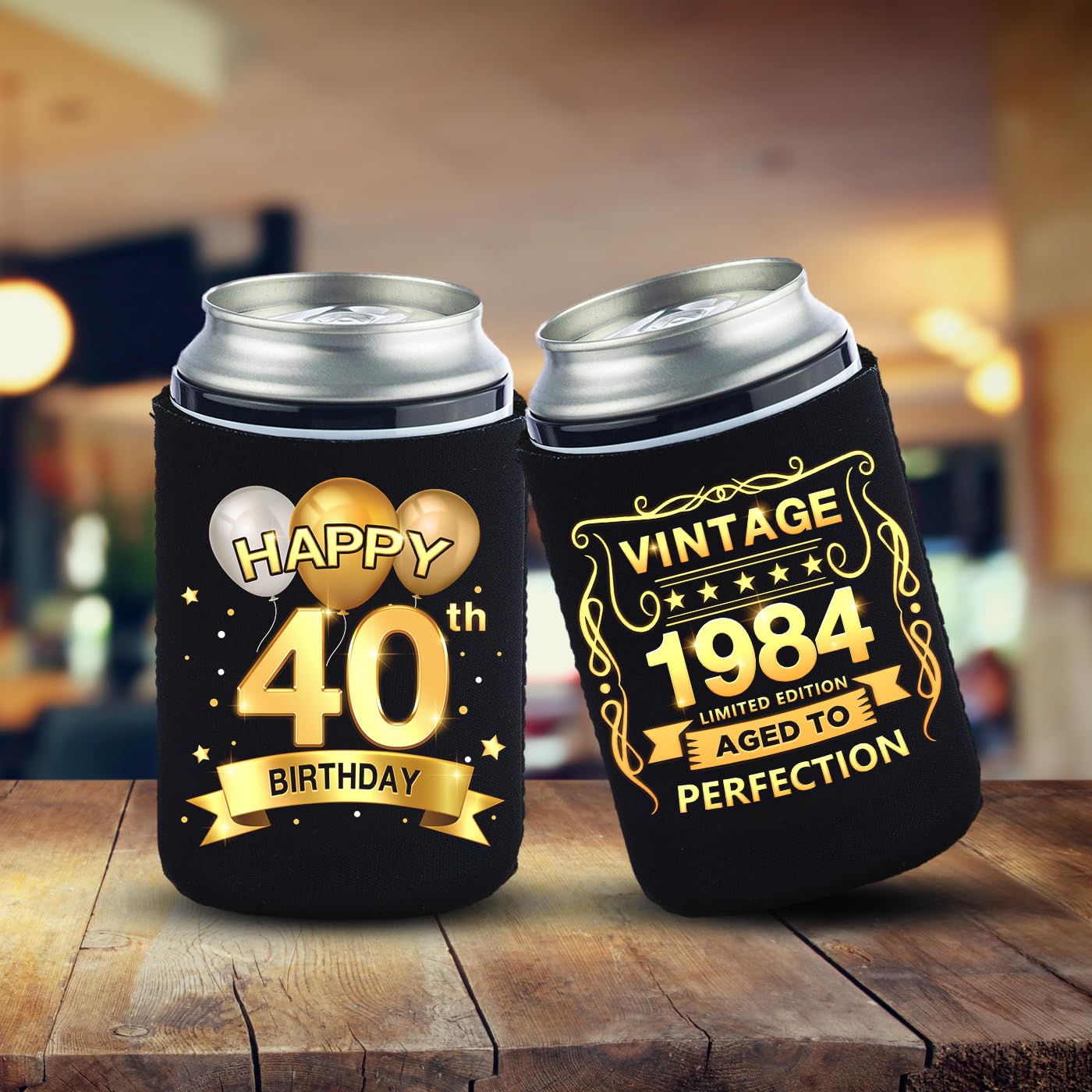 Greatingreat 40th Birthday Can Cooler Sleeves Pack of 12-40th Anniversary Decorations- Vintage 1984-40th Birthday Party Supplies - Black and Gold Fortieth Birthday Cup Coolers