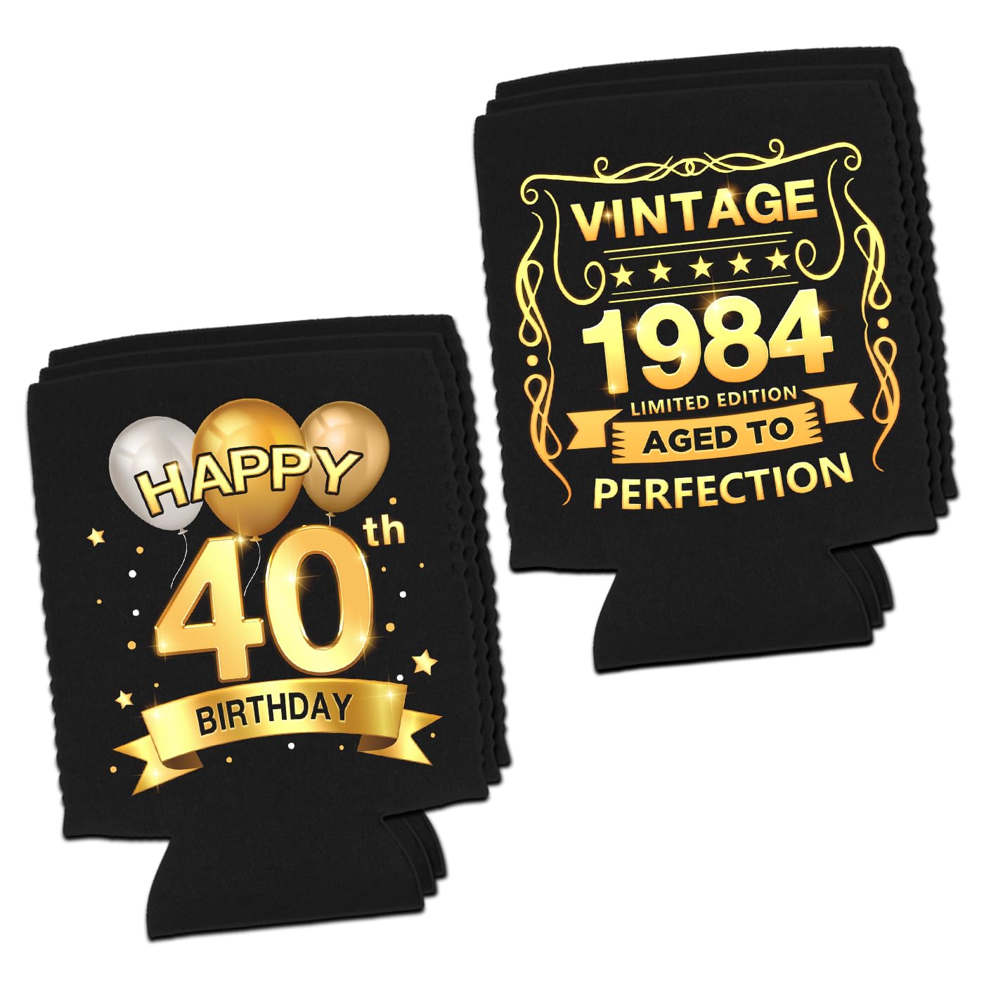 Greatingreat 40th Birthday Can Cooler Sleeves Pack of 12-40th Anniversary Decorations- Vintage 1984-40th Birthday Party Supplies - Black and Gold Fortieth Birthday Cup Coolers