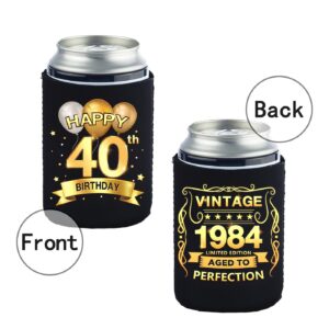 Greatingreat 40th Birthday Can Cooler Sleeves Pack of 12-40th Anniversary Decorations- Vintage 1984-40th Birthday Party Supplies - Black and Gold Fortieth Birthday Cup Coolers