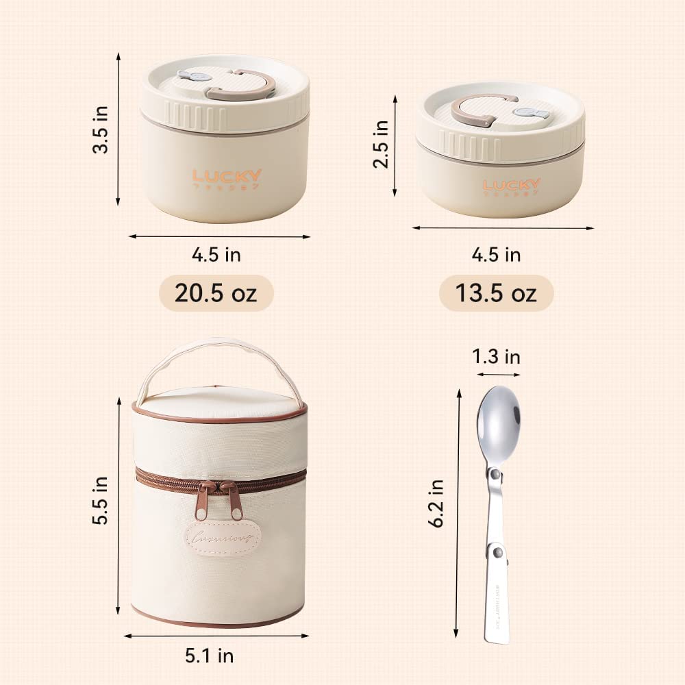 ArderLive Portable Insulated Lunch Container, Portable Insulated Food Container for Adults Thermal Lunch Bento Box Stainless Steel Microwave Safe, Beige 2Pcs 34oz/4.25 Cup