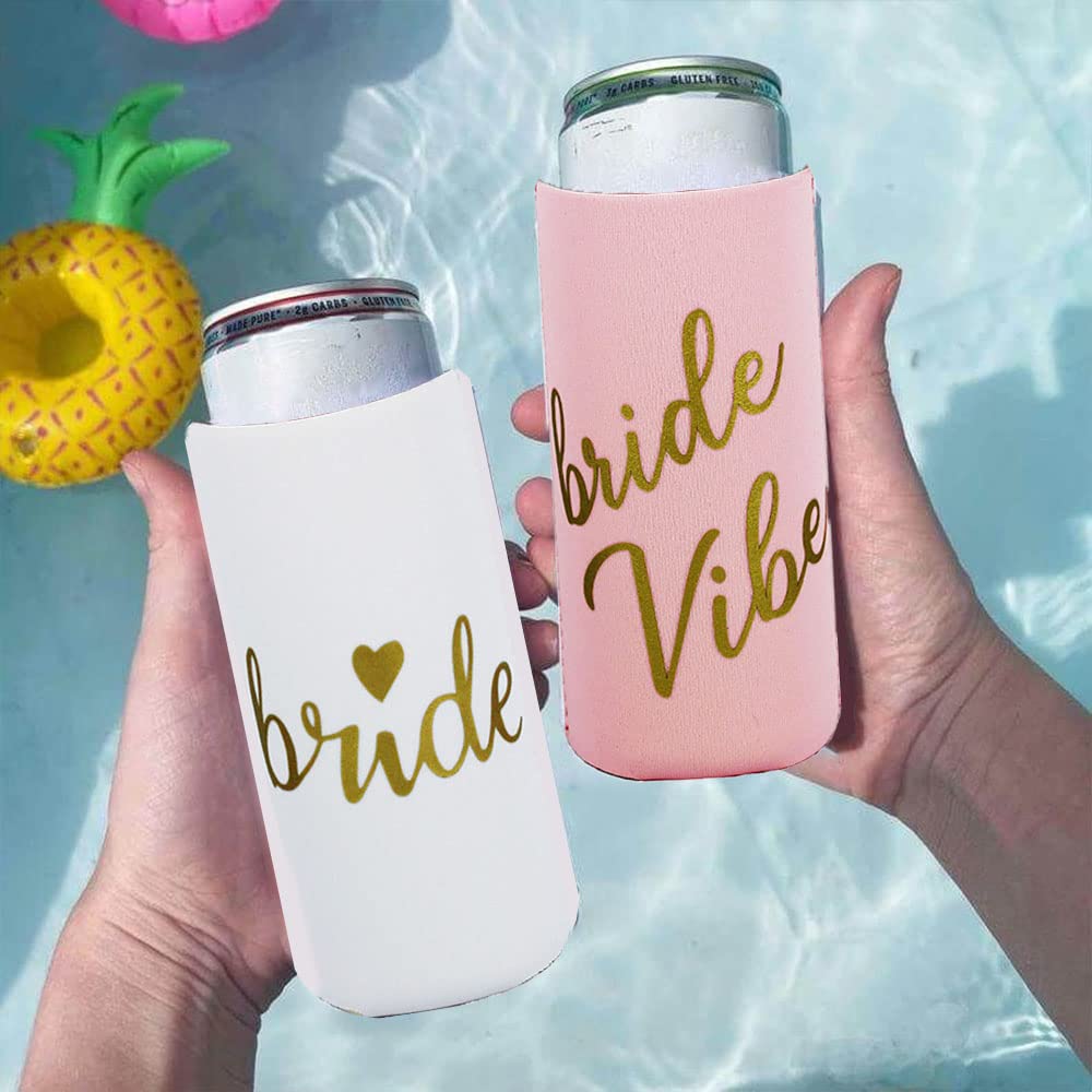 LADY&HOME Bachelorette Slim Can Coolers for Bridesmaid, Set of 10 Bride and Team Bride Can Cooler for Bachelorette Party Favors and Decorations for Wedding (Pink Vibe,Slim)