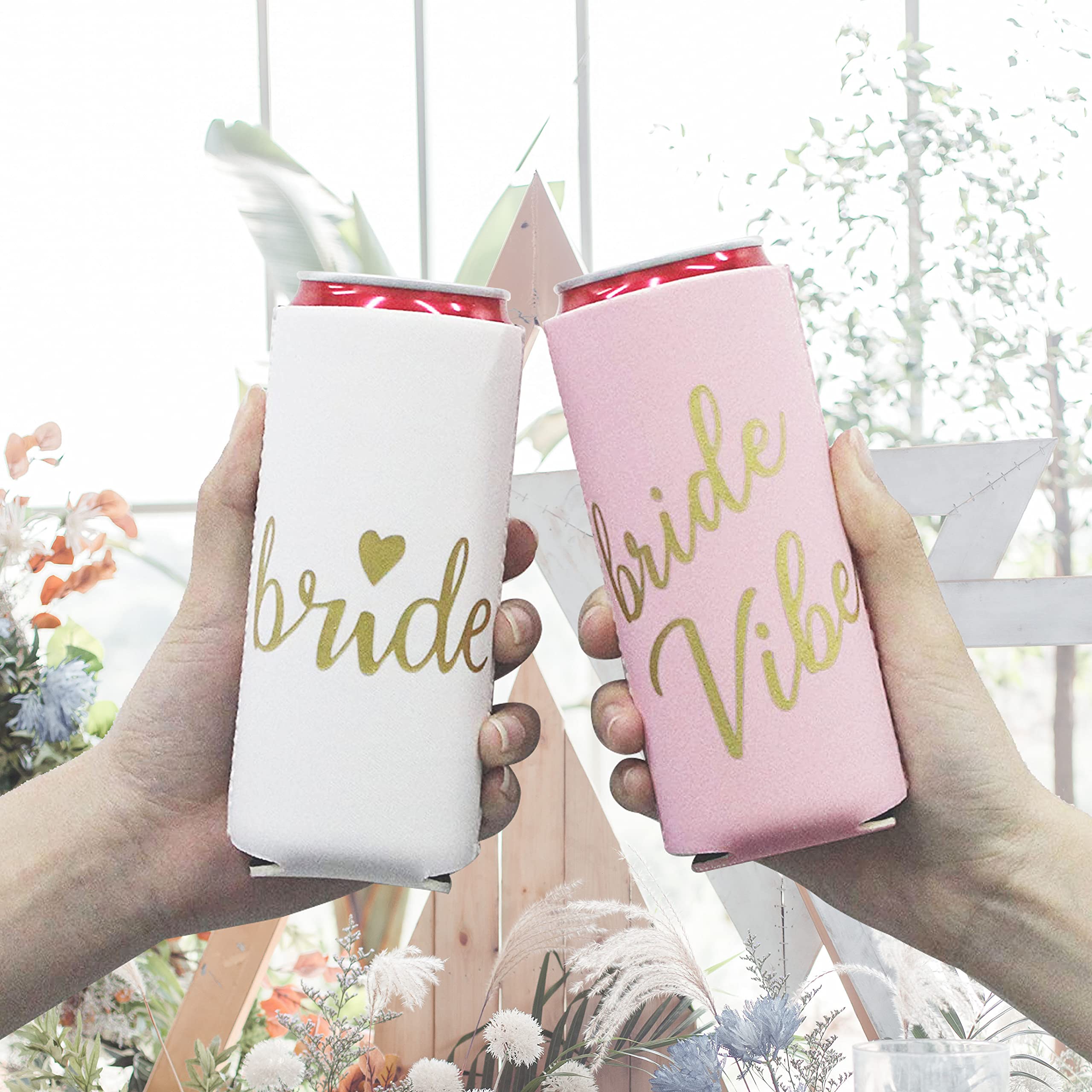 LADY&HOME Bachelorette Slim Can Coolers for Bridesmaid, Set of 10 Bride and Team Bride Can Cooler for Bachelorette Party Favors and Decorations for Wedding (Pink Vibe,Slim)