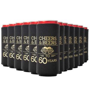 cheers and beers to 60 years can coolers, 60th birthday party coolies, set of 12, black and gold can coolers, perfect for birthday parties, birthday decorations