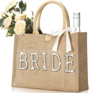 silkfly wedding bride bag natural jute bride tote bag with ribbon bride gift bag with handle for bridal shower (silver edges,bride)