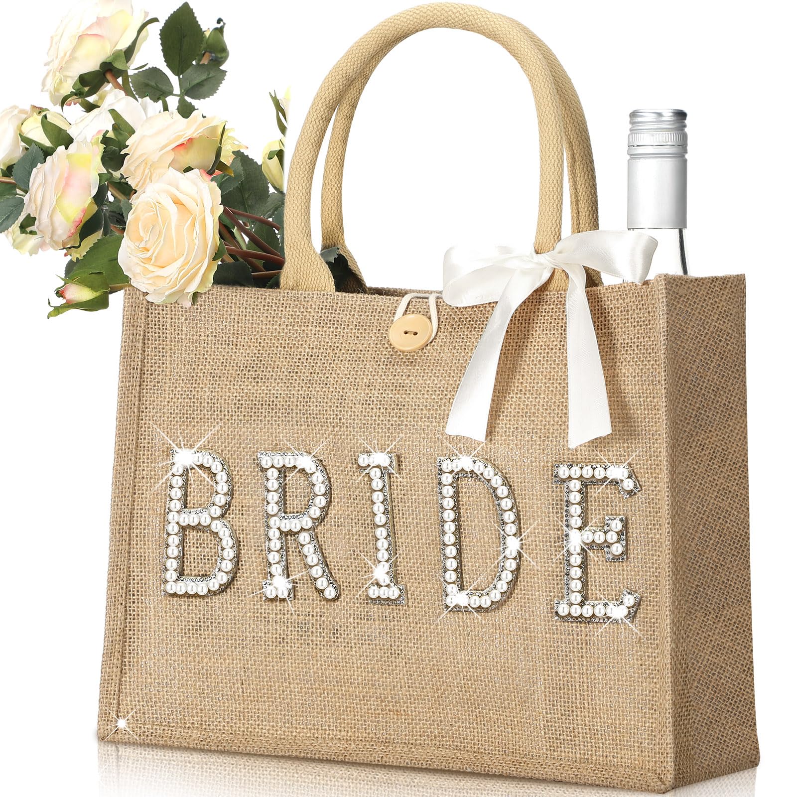 Silkfly Wedding Bride Bag Natural Jute Bride Tote Bag with Ribbon Bride Gift Bag with Handle for Bridal Shower (Silver Edges,Bride)