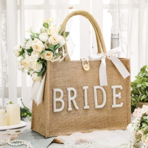 Silkfly Wedding Bride Bag Natural Jute Bride Tote Bag with Ribbon Bride Gift Bag with Handle for Bridal Shower (Silver Edges,Bride)