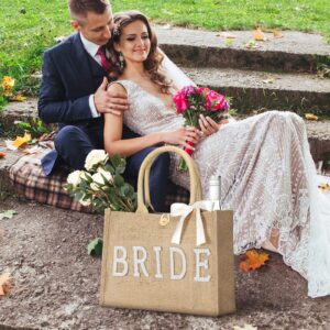 Silkfly Wedding Bride Bag Natural Jute Bride Tote Bag with Ribbon Bride Gift Bag with Handle for Bridal Shower (Silver Edges,Bride)