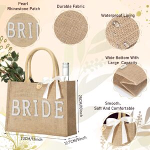 Silkfly Wedding Bride Bag Natural Jute Bride Tote Bag with Ribbon Bride Gift Bag with Handle for Bridal Shower (Silver Edges,Bride)