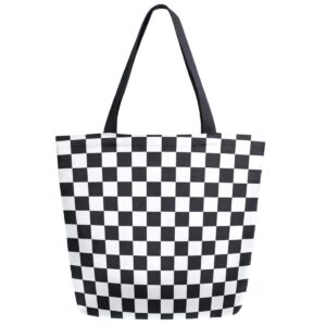zzwwr stylish racing flag checkers extra large canvas market beach travel reusable grocery shopping tote bag portable storage handbags(black white)