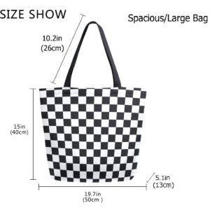 ZzWwR Stylish Racing Flag Checkers Extra Large Canvas Market Beach Travel Reusable Grocery Shopping Tote Bag Portable Storage HandBags(Black White)