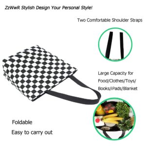 ZzWwR Stylish Racing Flag Checkers Extra Large Canvas Market Beach Travel Reusable Grocery Shopping Tote Bag Portable Storage HandBags(Black White)