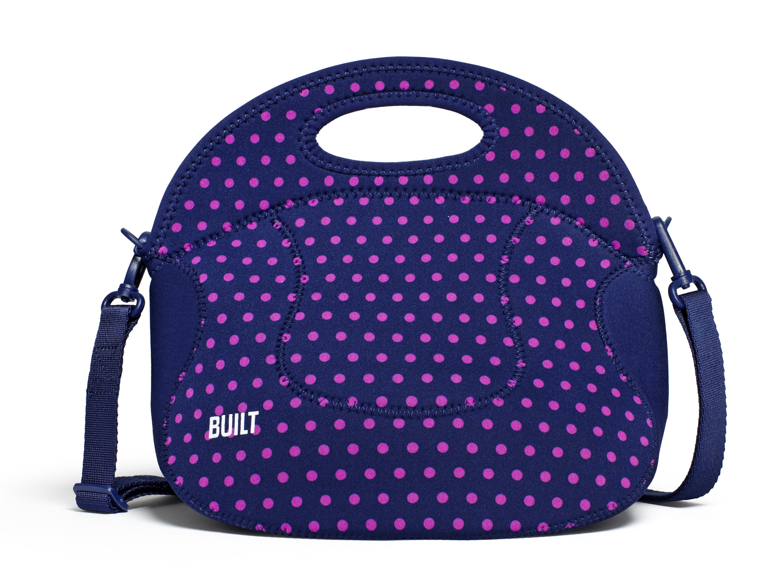 BUILT Spicy Relish Tote Neoprene Lunch Bag with Adjustable Crossbody Strap Mini Dot Navy LB12-MNV