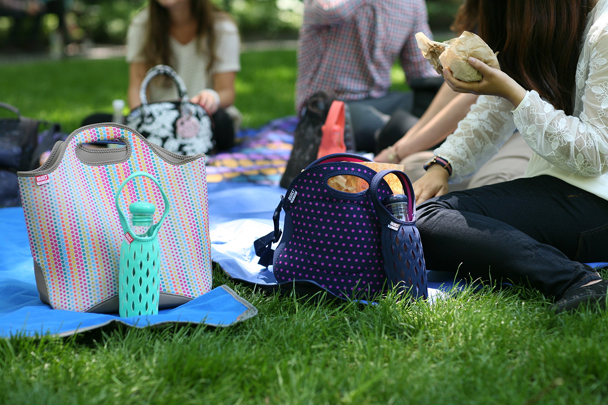 BUILT Spicy Relish Tote Neoprene Lunch Bag with Adjustable Crossbody Strap Mini Dot Navy LB12-MNV