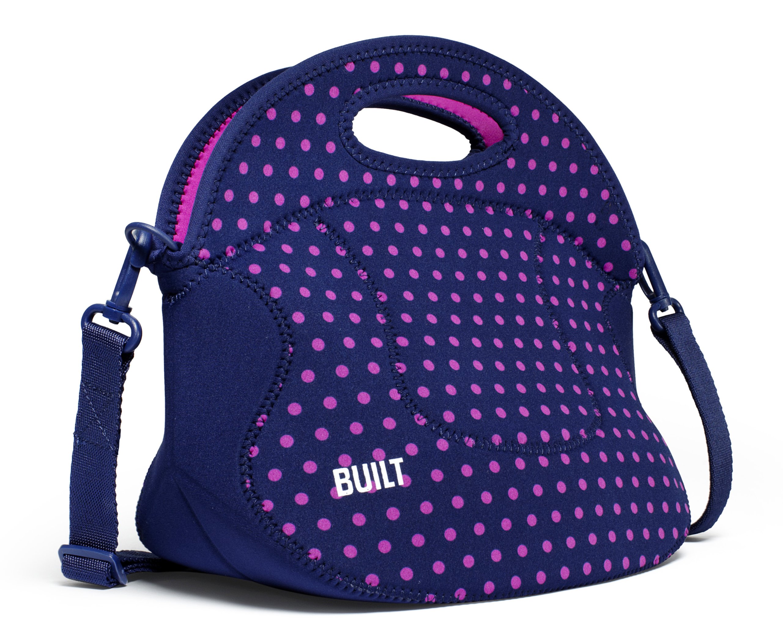 BUILT Spicy Relish Tote Neoprene Lunch Bag with Adjustable Crossbody Strap Mini Dot Navy LB12-MNV