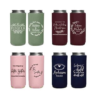 customized slim 12oz wedding can coolers, personalized wedding favors, bachelorette party favors monogram can holders (custom – assorted, 100 slim can cooler)