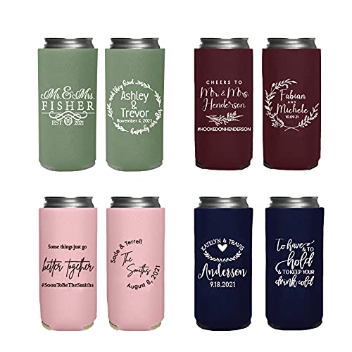 Customized Slim 12oz Wedding Can Coolers, Personalized Wedding Favors, bachelorette party favors Monogram Can Holders (Custom – Assorted, 100 Slim Can Cooler)